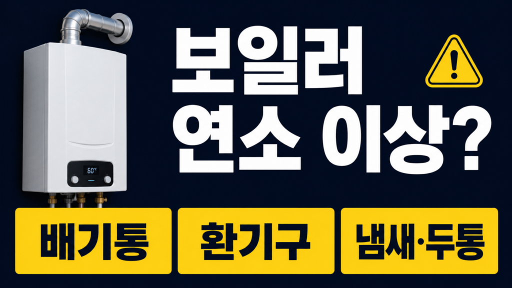 보일러 연소 상태 이상 시 확인할 사항: 배기·환기·냄새 점검 순서 3 보일러 연소 상태 이상 시 배기통 환기구 가스 냄새를 확인하는 안전 점검 안내 이미지