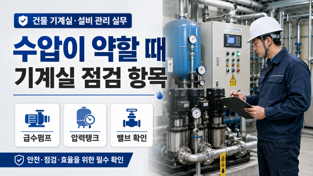 수압이 약할 때 기계실에서 볼 항목: 급수펌프 점검·압력탱크 점검 실전 체크리스트 5 수압이 약할 때 기계실 급수펌프와 압력탱크를 점검하는 모습