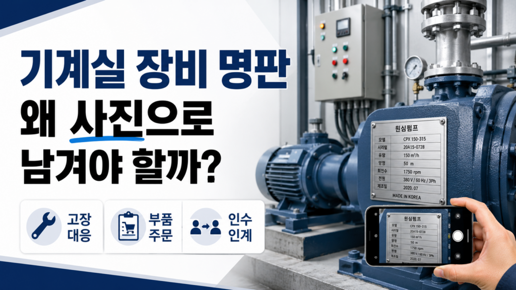 기계실 장비 명판 사진, 설비관리 체크리스트와 고장 대응까지 놓치면 손해 3 기계실 장비 명판 사진을 촬영해 설비관리 체크리스트로 활용하는 모습