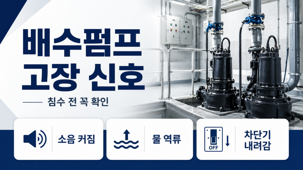 배수펌프 고장 전 위험 신호 9가지: 배수펌프 소음·역류 놓치면 침수됩니다 4 배수펌프 고장 전 위험 신호인 소음, 역류, 차단기 내려감을 설명하는 썸네일