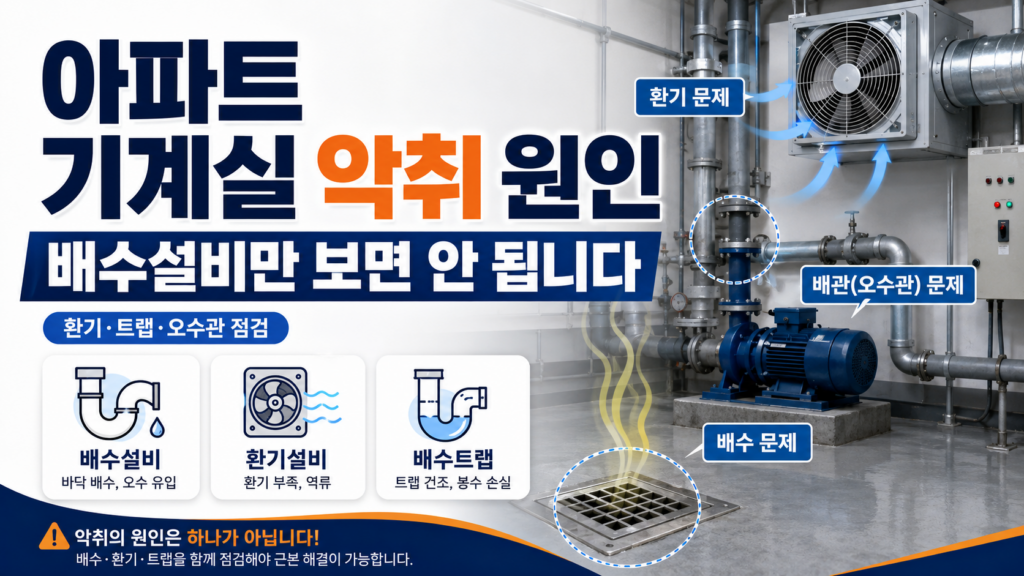 아파트 기계실 악취 원인, 배수설비·환기설비·배수트랩까지 놓치면 반복됩니다 8 아파트 기계실 악취 원인 배수설비 환기설비 배수트랩 점검 인포그래픽