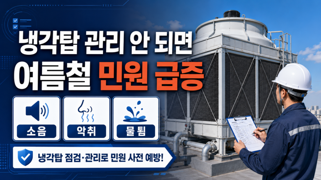 기계설비 냉각탑 관리, 여름철 민원과 냉각탑 소음 줄이는 핵심 이유 2 여름철 기계설비 냉각탑 관리와 민원 예방 점검 장면