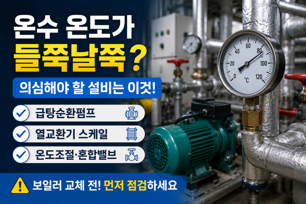기계설비 온수 온도 들쭉날쭉? 급탕순환펌프·열교환기 스케일 먼저 보세요 5 기계설비 온수 온도 변동 원인을 점검하는 보일러실 배관과 온도계