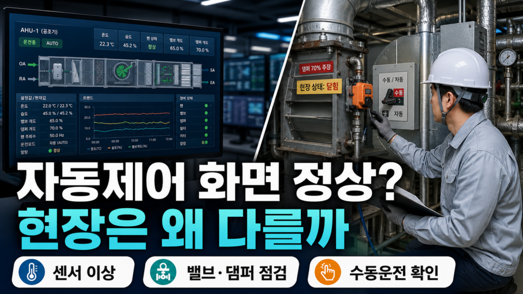 기계설비 자동제어 화면 정상인데 현장 오동작? 점검순서로 잡는 진짜 원인 8 기계설비 자동제어 화면 정상 상태와 현장 오동작 원인을 비교 점검하는 BMS 관리 화면
